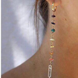 Gold Chain Dangle Earrings with Multicolor Gemstones & Clear Crystal Pendant